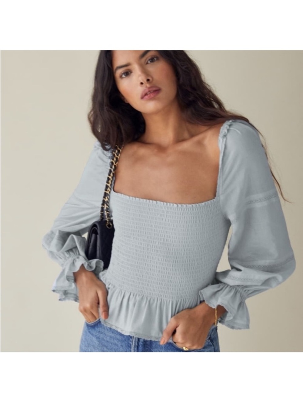 Reformation Light Gray Smocked Square-Neck Blouse